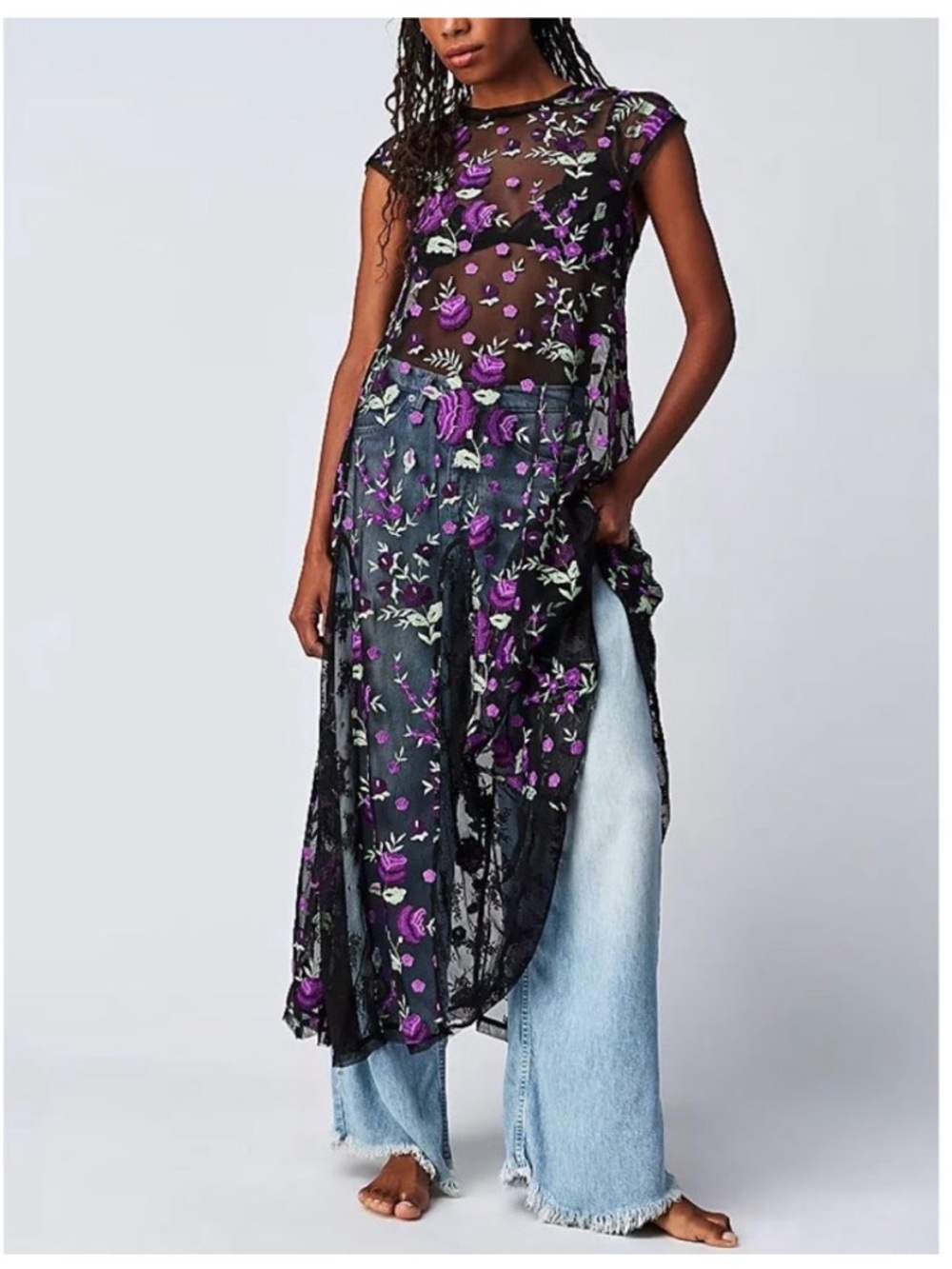 Free People Sky Bright Floral Embroidered Sheer Lace Overlay Midi Dress size XS